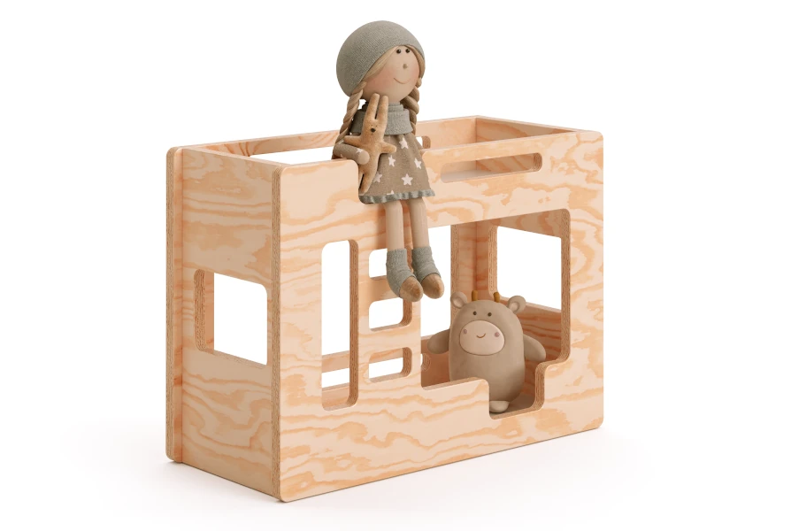 Drewniane łóżko piętrowe dla lalek wykonane ze sklejki sosnowej w kolorze naturalnego drewna